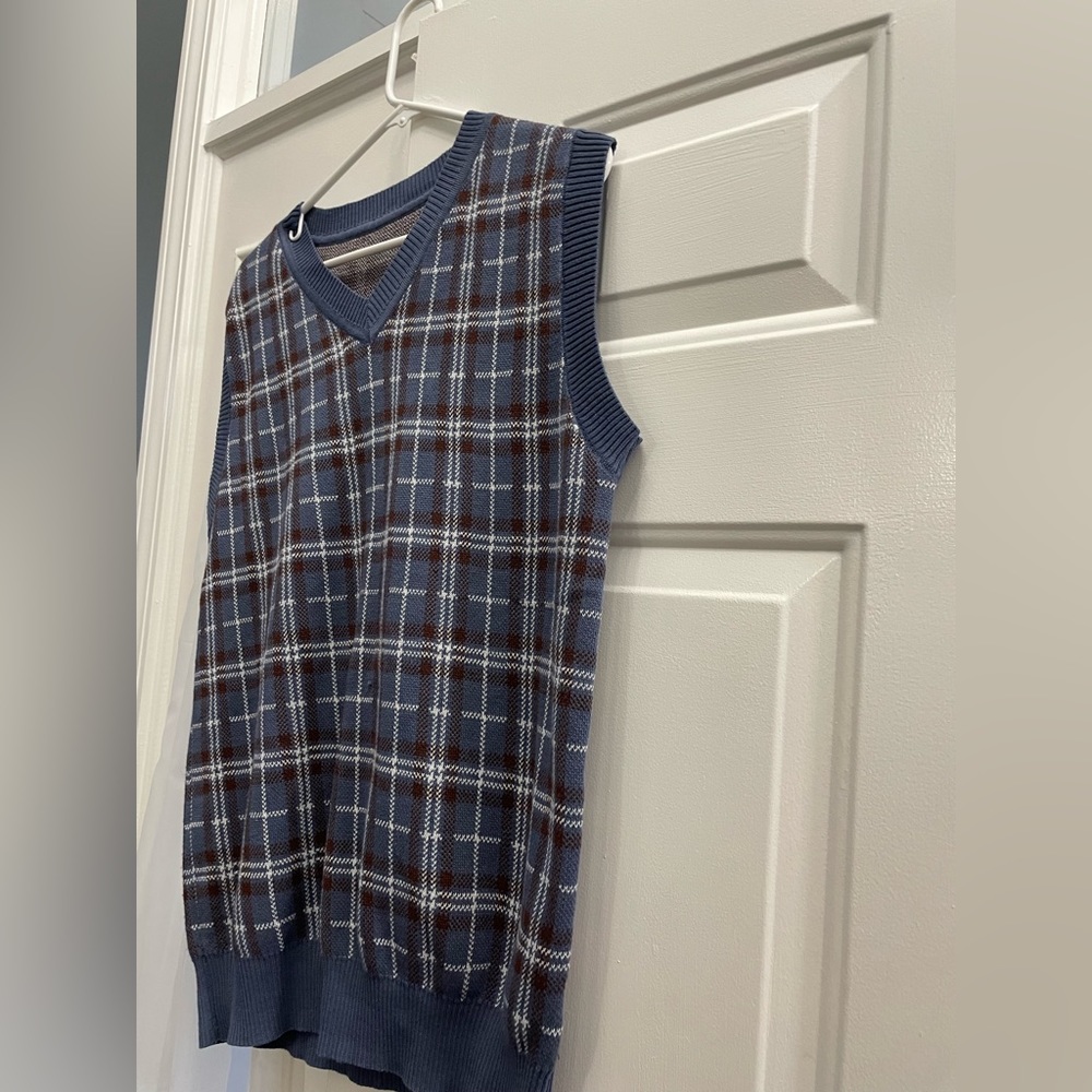 fall sweater vest, ocean blue sweater vest with brown and white plaid lines